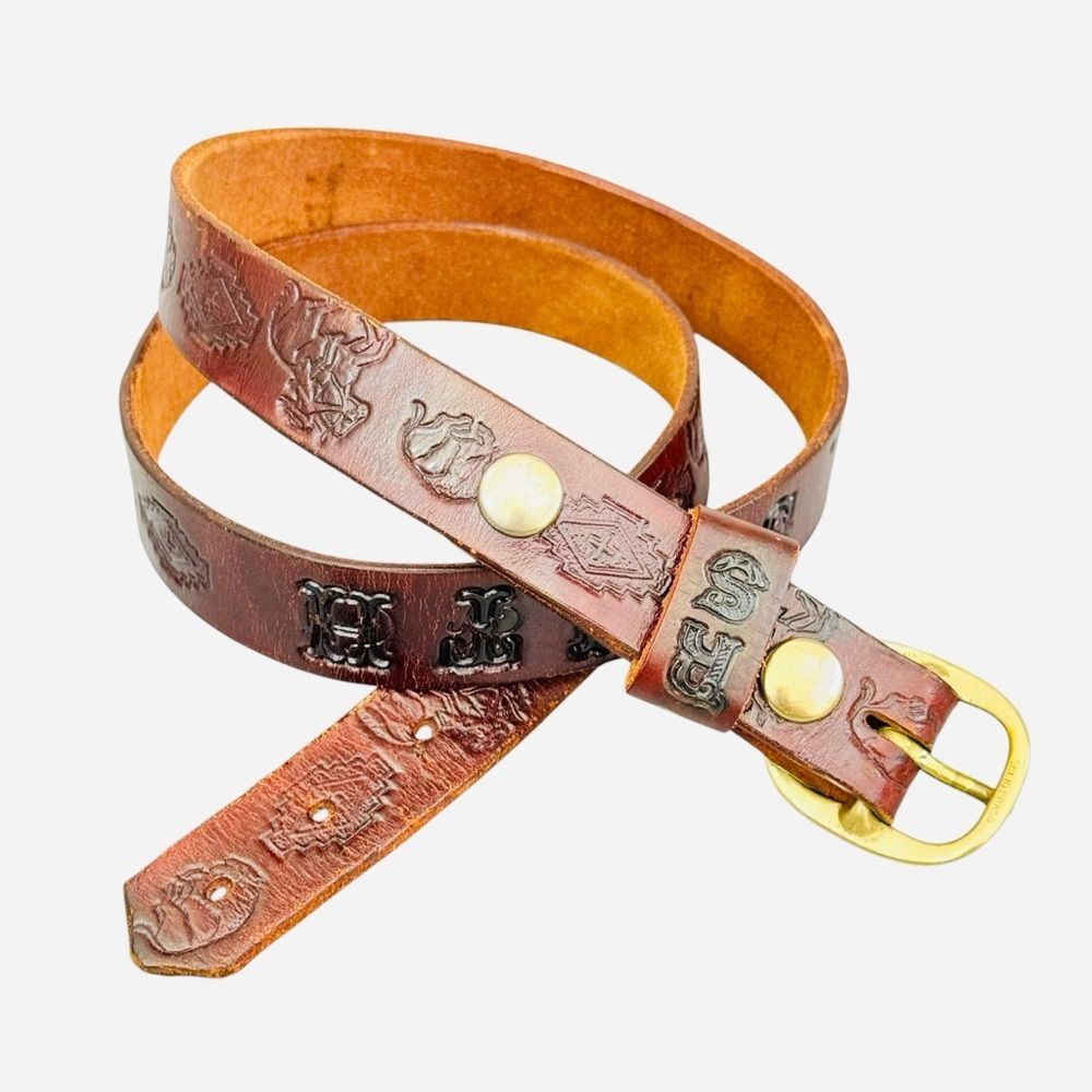 Vtg Western Embossed Tooled Genuine Leather Belt R.S. SMITH 36"-41" Horse Aztec